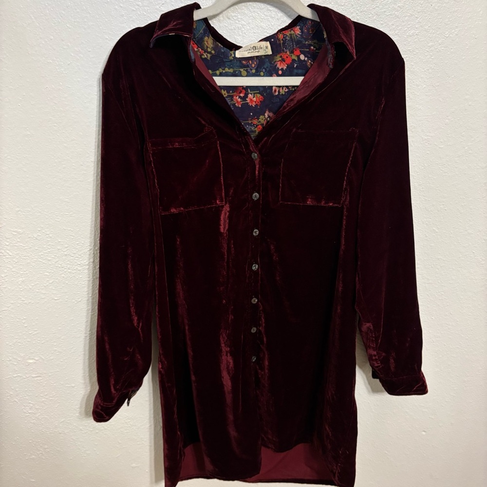 Natural Life Velvet Burgundy Shirt dress size M with  Floral Lining